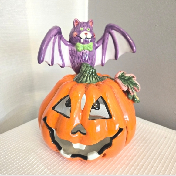 Vtg Halloween Pumpkin Bat Tealight Candle Holder Ceramic 2003 Read - Picture 1 of 12